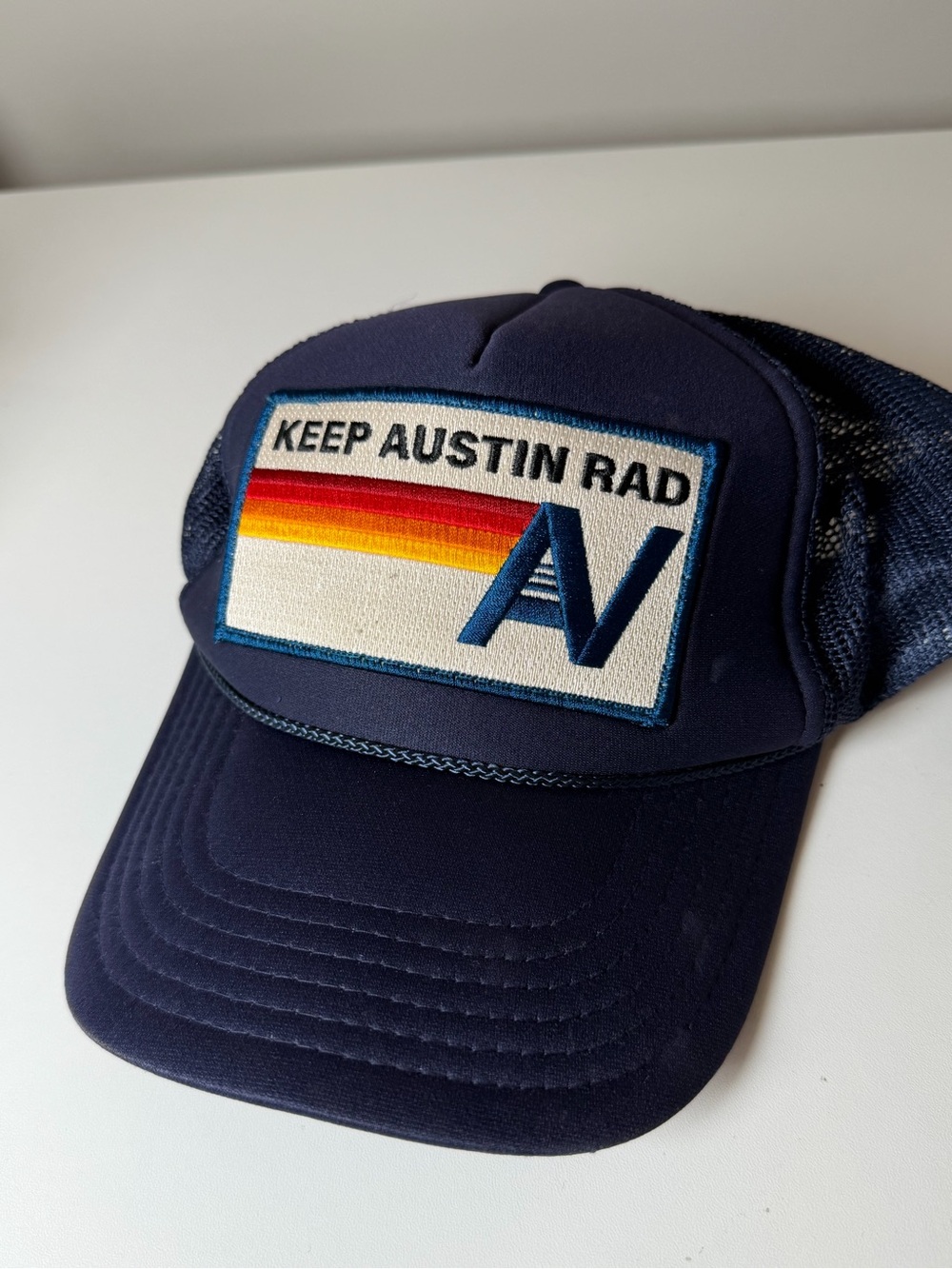 Aviator Nation Navy 'Keep Austin Rad' Trucker Hat with Retro Stripe Patch